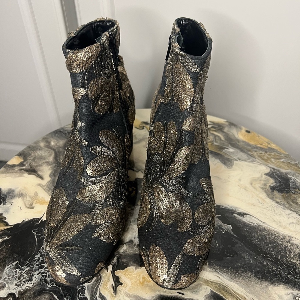Made in Italy Gold Brocade Sequin Ankle Boots Leather Sole - Picture 3 of 13